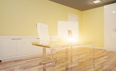 Spacious office with a large window and a computer on the desk. Sunset