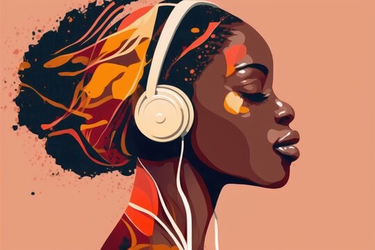 A picture of an African woman listens to music. Generative ai
