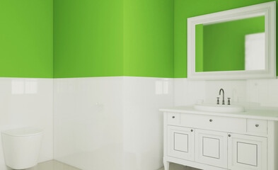 Fototapeta na wymiar Green layering in a white bathroom with a window: creating harmony. 3D rendering.
