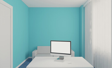 Office with wooden furniture and blue walls. 3D rendering.