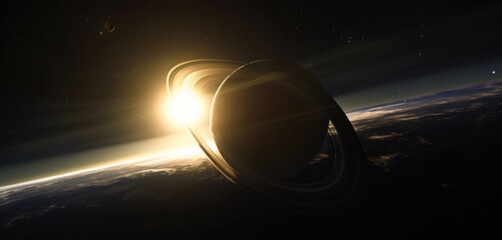 Saturn planet realistic illustration, cinematic univers, golden light in the dark, AI 