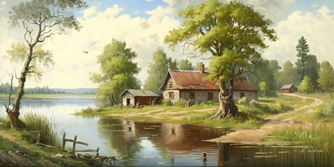 Fine art depicting an old rural villages landscape through oil paintings, Generative AI