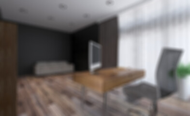 Furniture set with table, chairs and devices. 3D rendering.. Abstract blur phototography.