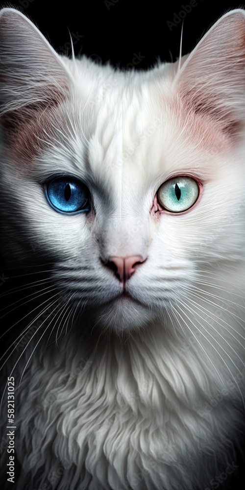 Poster a white cat with varying hue pupils is shown in a vertical view. generative ai