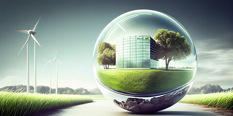 A glass transparent ball, with the image of a large farm building made of glass and concrete inside it, against a rural natural background with wind turbines along the road. Generative AI