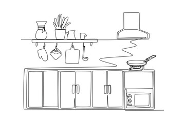 Single one-line drawing kitchen decoration with cooking equipment. Kitchen room concept continuous line draw design graphic vector illustration