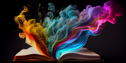 Clubs of multi-colored bright smoke over the pages of an open old magic book, on a dark background. Generative AI