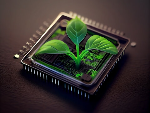 small plant sprout growing from electronic microprocessor, eco-friendly computer technology. Generative AI