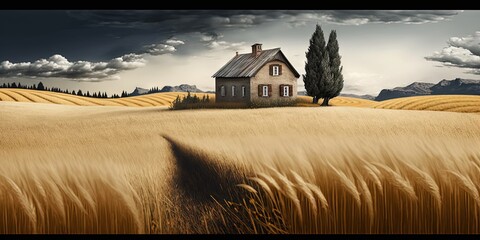 The wheat-filled rural landscape is intended for living with a house, Generative AI