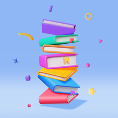 3D Stack of Falling Closed Books Isolated. Render Pile of Books Icon. Set of Educational or Business Literature. Reading Education, E-book, Literature, Encyclopedia, Textbook. Vector Illustration