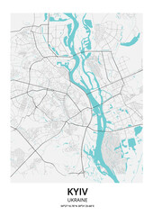 City map art of Kyiv city in Ukraine. Road map of Kiev (UA). Black and white (blue) illustration of ukrainian streets. Printable poster.