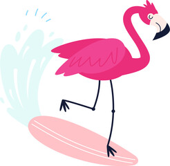 Flamingo character on surfboard