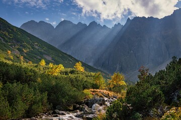 Fototapeta premium Beautiful landscape with high mountains with illuminated peaks, stones in mountain creek, blue sky and yellow sunlight in suunset. Amazing scene with Tatras mountains
