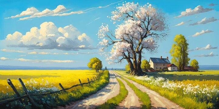 Hand-drawn summer landscape & country road on canvas with blossoming spring field Original oil painting, Generative AI