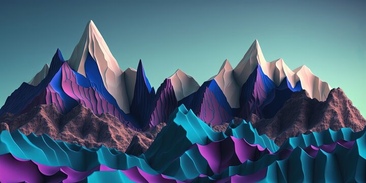 Minimal abstract background with a shaggy surface and blue and purple peaks over sur mountains, Generative AI
