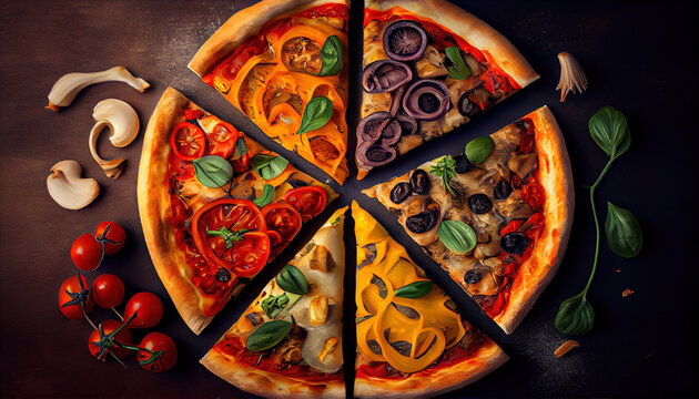 Delicious Pizza on a Wooden Board with Scattered Ingredients Top View AI Generative
