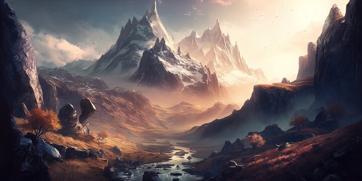 Fantasy fiction uses mountains as a natural backdrop for concept art and video game digital artwork, Generative AI © Oleksii