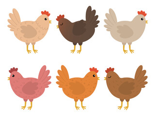 Set of cute chickens. Easter colored cartoon chickens. Vector illustration of a chicken. Set of cute cartoon chicken illustrations.
