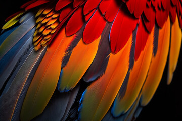 Fototapeta premium Scarlet macaw bird's colorful feather. Abstract background. Generative ai.