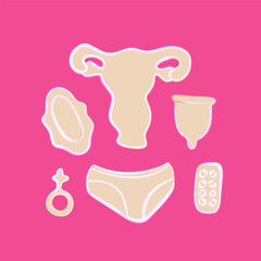 Vector isolated illustration of menstruation set. Critical days. Hygiene during menstruation.