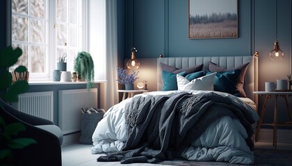 Bright cozy bedroom in scandinavian style. generative ai