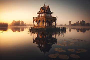 Fototapeta premium A temple in the middle of a quiet lake, Generative AI
