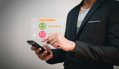 customer evaluation and survey, businessman using phone tick on sadly face because he is not satisfied with poor service and he dislike