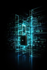 Fototapeta premium Cybersecurity concept. Door lock on laptop and microchips. Symbol of cyber security, antivirus, firewall, data privacy and safe internet. 