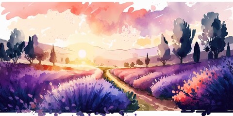 Postcard banner of Provences fragrant lavender field during spring and summer, with watercolor sunset and violet background, Generative AI