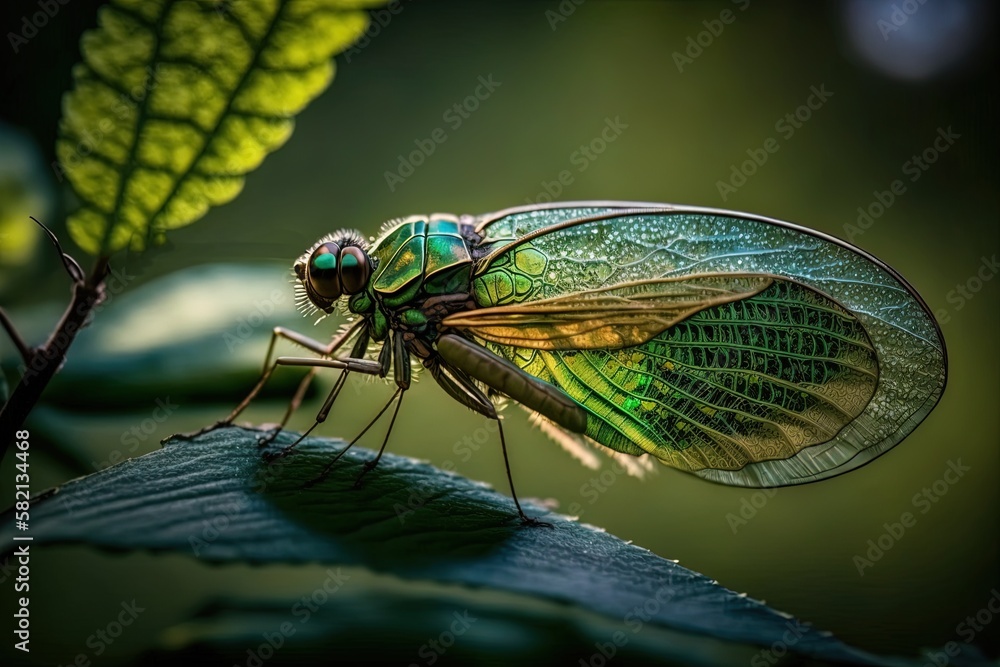 Poster environmental portrait of a green bug with a netted wing pattern, captured with a shallow depth of f