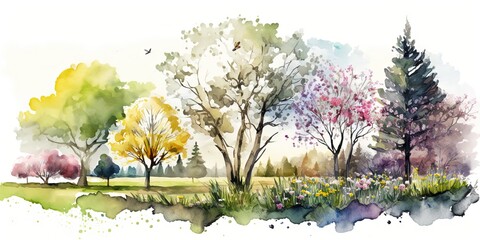A painting of a spring landscape with watercolor, trees, and flowers, Generative AI