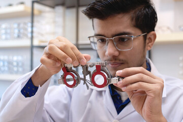 Indian optometrist checking trial frames device in ophthalmological clinic, trial frames is a...