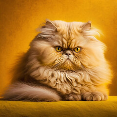 Portrait of a Persian cat on a yellow background. Generative AI.