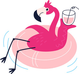 Flamingo on lifebuoy with cocktail