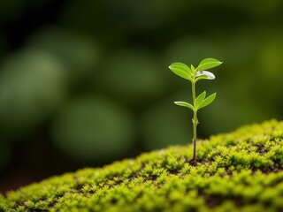A seedling, small plant, growing from the soil, green blurred background, morning sunlight, young plant in growing. plant growth, seed to sapling, ecology, generative AI 