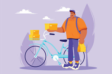 Delivery violet concept with people scene in the flat cartoon design. The courier delivers the boxes to the destination on a bicycle. Vector illustration.