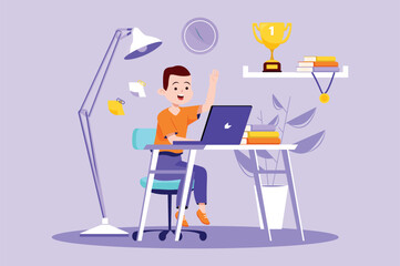 Violet concept Online education with people scene in the flat cartoon design. The boy listens attentively to the teacher in an online lesson. Vector illustration.