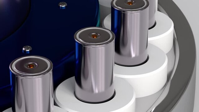 lli-ion traction 4680 Batteries production, mass production accumulator cell modules high power, energy electric vehicles, dry electrode, alternative energy development, 3d looped render