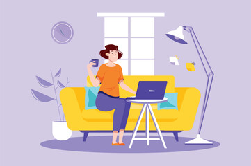 Freelance working violet concept with people scene in the flat cartoon design. A woman works on a laptop at home and earns money. Vector illustration.