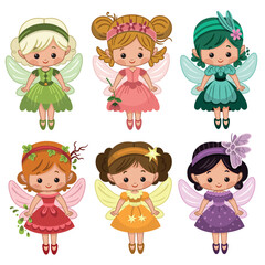 Set of clipart cute fairies. Vector illustration.