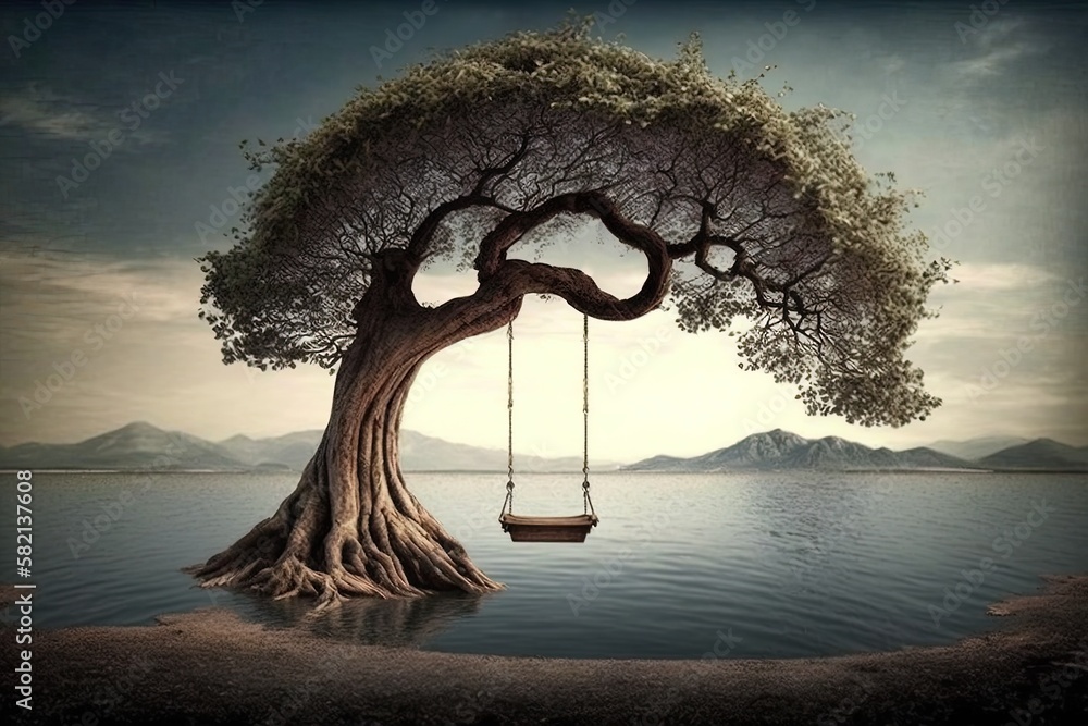 Poster hang from a tree while sailing. generative ai