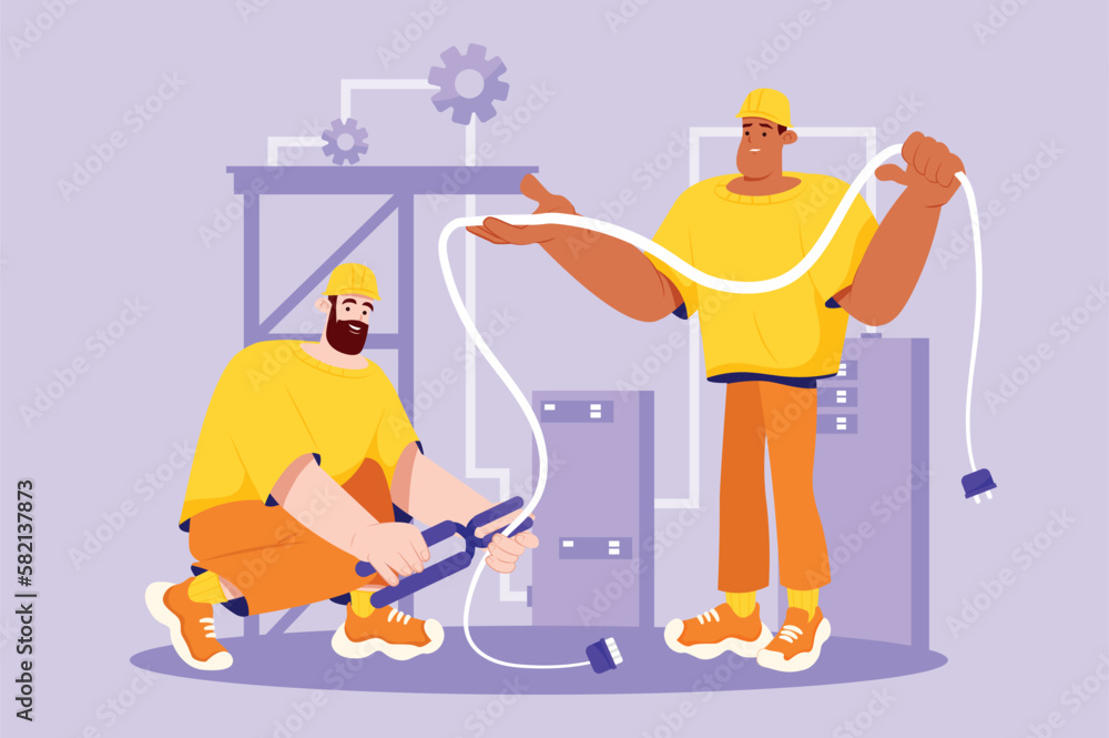 Poster engineer communication violet concept with people scene in the flat cartoon style. a team of enginee