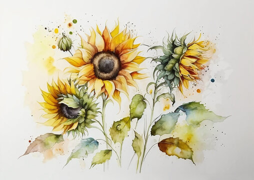 Sunflower border drawing with bit of watercolour.