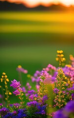 spring background of flowers in a field at sunset, wallpaper, AI generated