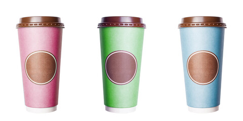 Take away disposable coffee cup isolated on white. Three color cups blue, pink and blue. Different...