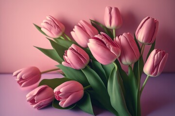 Bouquet of pink tulips on pastel pink background. Spring flowers. Generative AI
