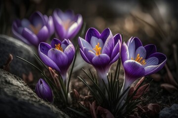 Purple crocus spring flowers Generative AI
