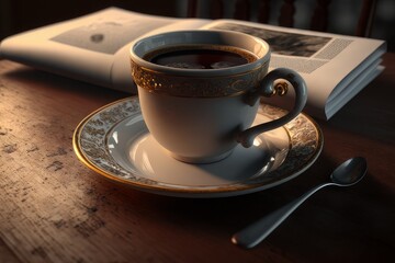 A сup of coffee on a table with a newspaper Generative AI