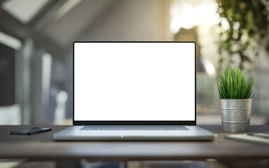 Laptop with blank frameless screen mockup template on the table in industrial office loft interior - front view. 3d render