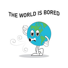 Vector illustration of cartoon earth mascot who is bored with his world. Character vector illustration with quotes about life.